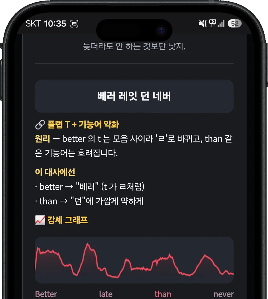 STEP 2 소리 분석 — 연음 설명과 강세 그래프 화면